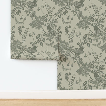Western Birds and Flowers wallpaper in Fern Mist — rosepine wallpaper by Pine + Feather Studio