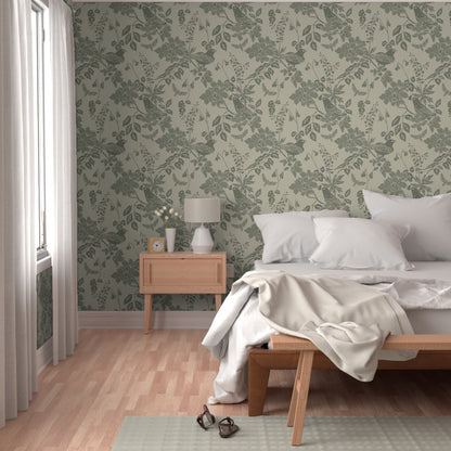 Western Birds and Flowers wallpaper in Fern Mist styled in a bedroom interior — rosepine wallpaper by Pine + Feather Studio