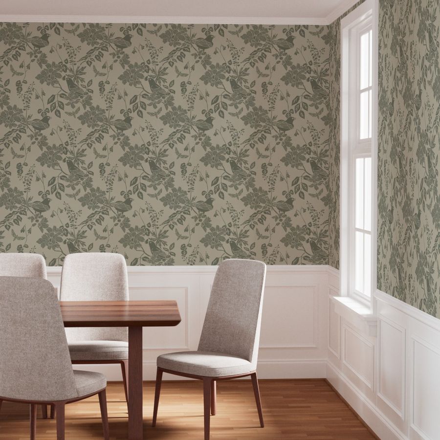 Western Birds and Flowers wallpaper in Fern Mist styled in a dining room interior — rosepine wallpaper by Pine + Feather Studio