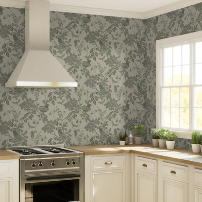 Western Birds and Flowers wallpaper in Fern Mist styled in a kitchen room interior — rosepine wallpaper by Pine + Feather Studio
