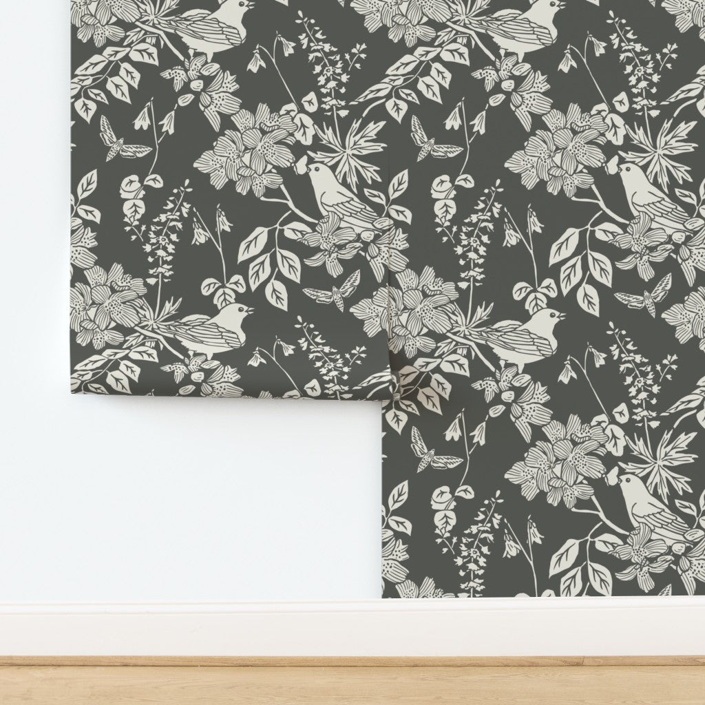 Western Birds and Flowers wallpaper in Forest Frost — dark botanical wallpaper by Pine + Feather Studio