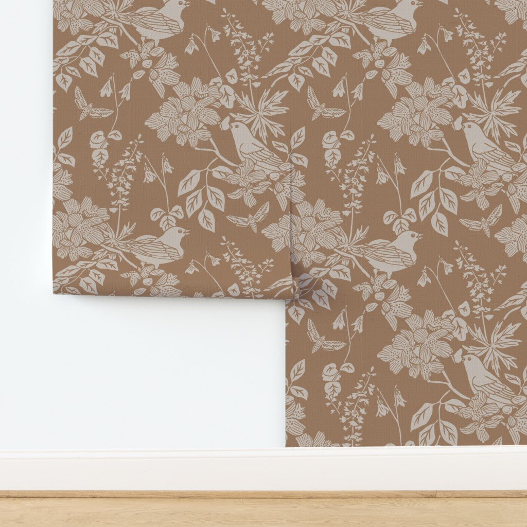 Western Birds and Flowers wallpaper in Harvest Fog — yellow tan wallpaper by Pine + Feather Studio