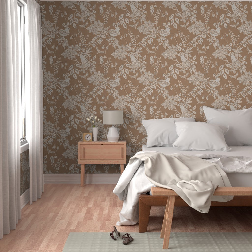 Western Birds and Flowers wallpaper in Harvest Fog styled in a bedroom interior — yellow tan wallpaper by Pine + Feather Studio