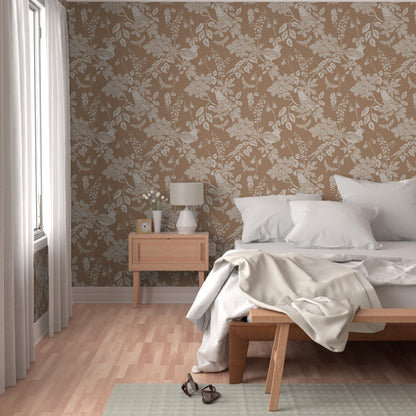 Western Birds and Flowers wallpaper in Harvest Fog styled in a bedroom interior — yellow tan wallpaper by Pine + Feather Studio