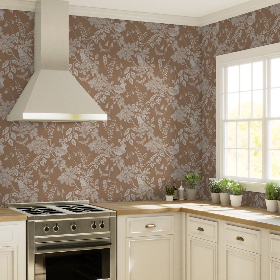 Western Birds and Flowers wallpaper in Harvest Fog styled in a kitchen interior — yellow tan wallpaper by Pine + Feather Studio