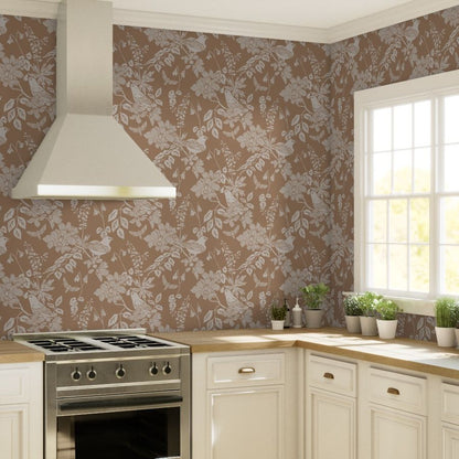 Western Birds and Flowers wallpaper in Harvest Fog styled in a kitchen interior — yellow tan wallpaper by Pine + Feather Studio