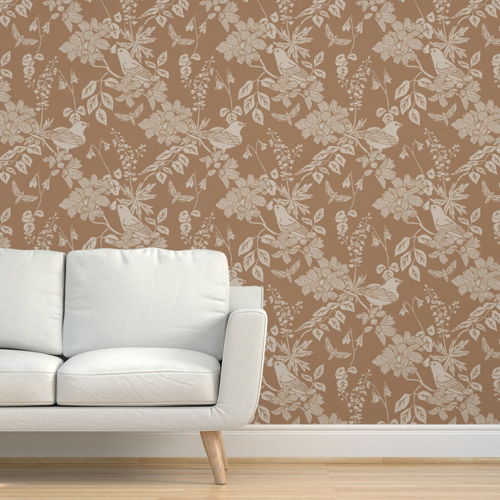 Western Birds and Flowers wallpaper in Harvest Fog styled in a living room interior — yellow tan wallpaper by Pine + Feather Studio