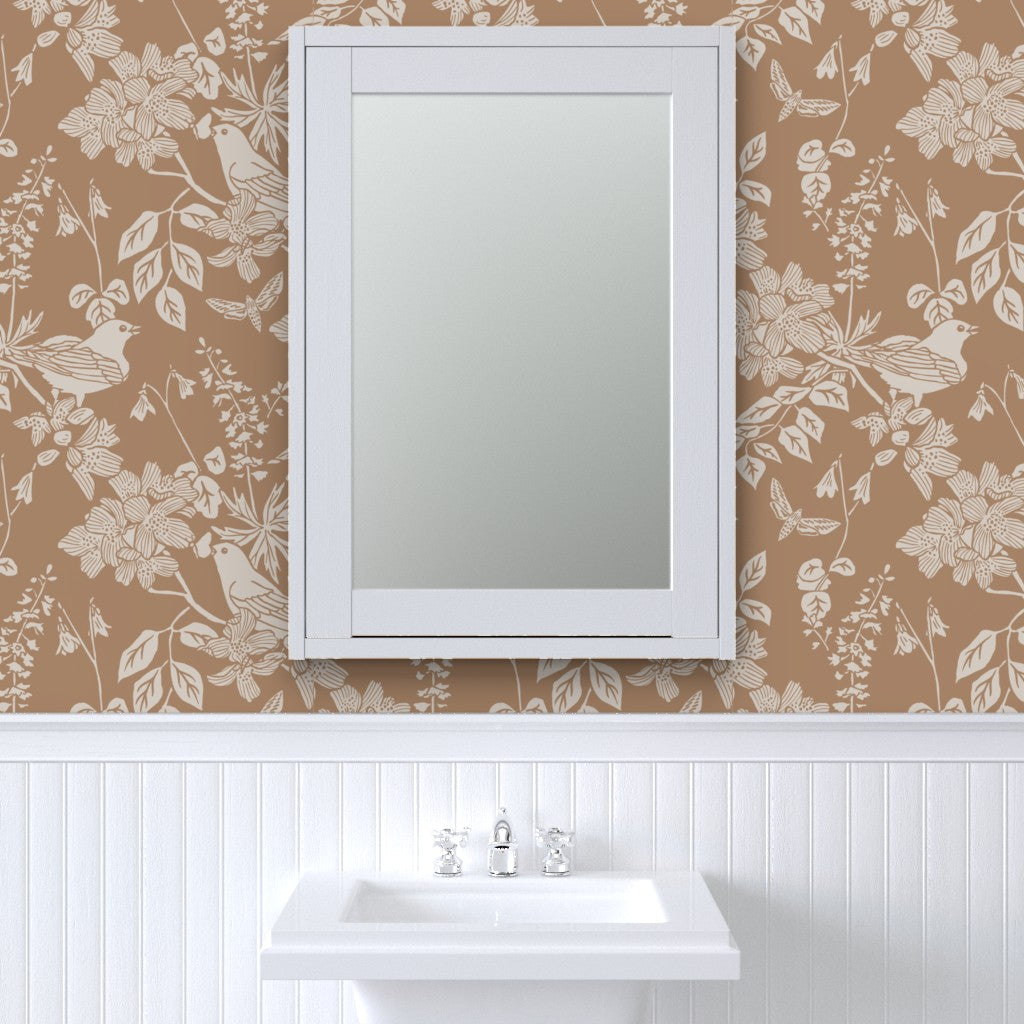 Western Birds and Flowers wallpaper in Harvest Fog styled in a powder room interior — yellow tan wallpaper by Pine + Feather Studio