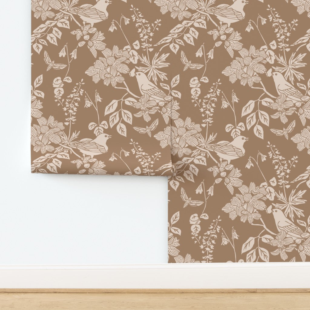 Western Birds and Flowers wallpaper in Harvest Rose — warm cream wallpaper by Pine + Feather Studio