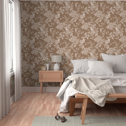 Western Birds and Flowers wallpaper in Harvest Rose styled in a bedroom interior — warm cream wallpaper by Pine + Feather Studio