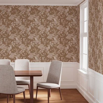 Western Birds and Flowers wallpaper in Harvest Rose styled in a dining room interior — warm cream wallpaper by Pine + Feather Studio