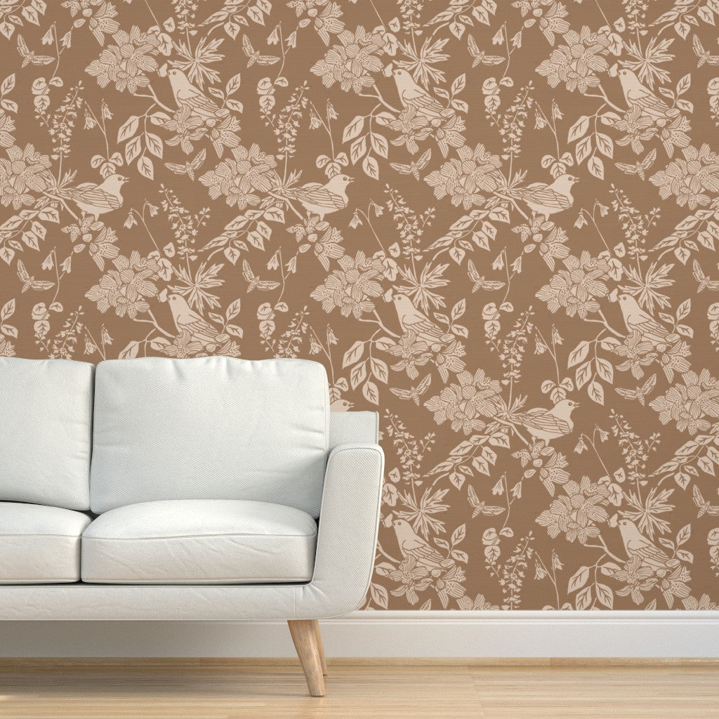 Western Birds and Flowers wallpaper in Harvest Rose styled in a living room interior — warm cream wallpaper by Pine + Feather Studio