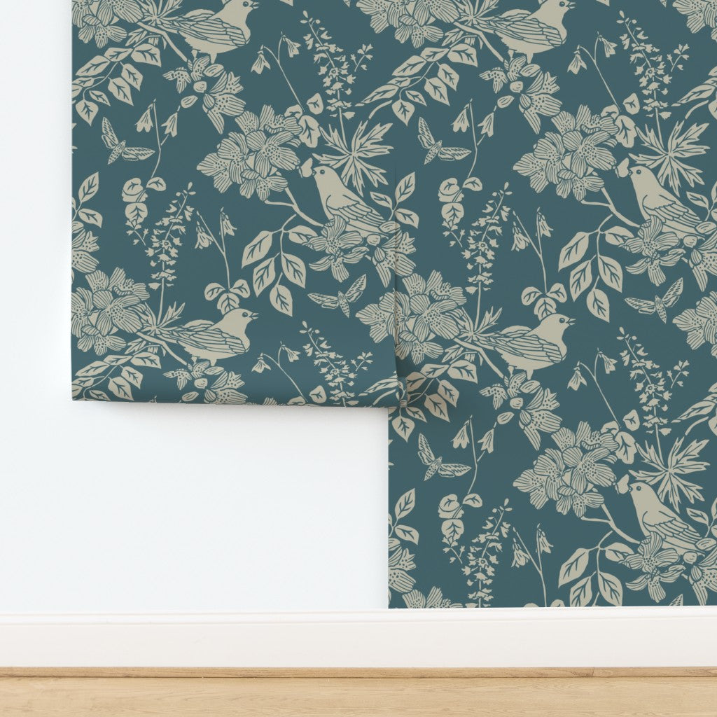 Western Birds and Flowers wallpaper in Jewel Canyon — dark teal wallpaper by Pine + Feather Studio