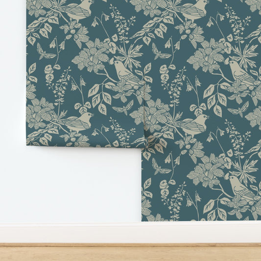 Western Birds and Flowers wallpaper in Jewel Canyon — dark teal wallpaper by Pine + Feather Studio