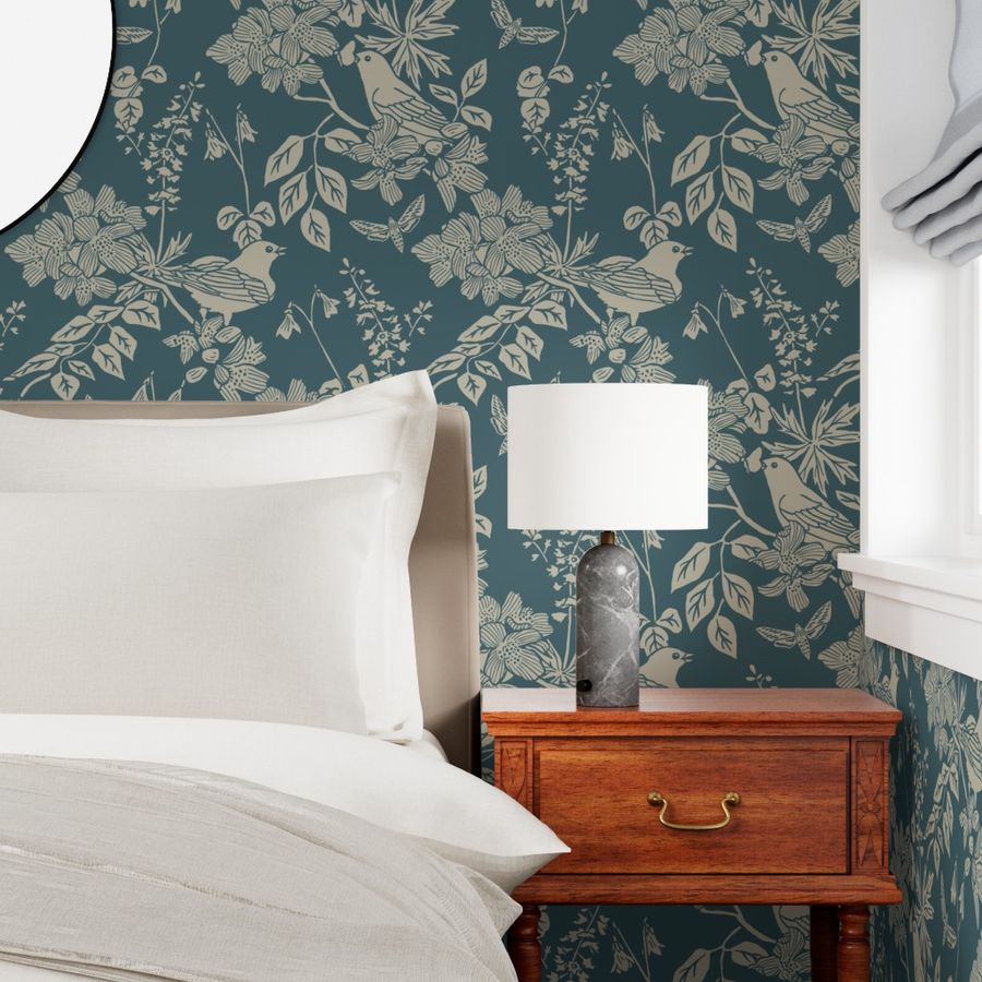 Western Birds and Flowers wallpaper in Jewel Canyon styled in a bedroom accent wall interior — dark teal wallpaper by Pine + Feather Studio