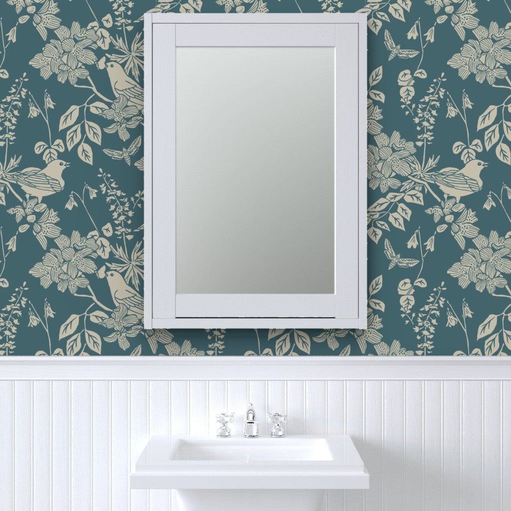 Western Birds and Flowers wallpaper in Jewel Canyon styled in a powder room interior — dark teal wallpaper by Pine + Feather Studio