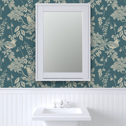 Western Birds and Flowers wallpaper in Jewel Canyon styled in a powder room interior — dark teal wallpaper by Pine + Feather Studio