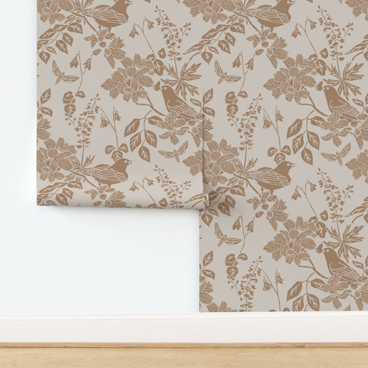 Western Birds and Flowers wallpaper in Morning Tide — seafoam wallpaper by Pine + Feather Studio