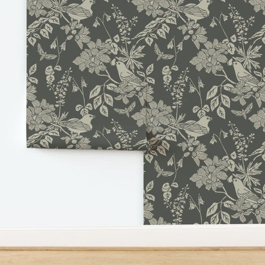 Western Birds and Flowers wallpaper in Old Growth — moody green wallpaper by Pine + Feather Studio