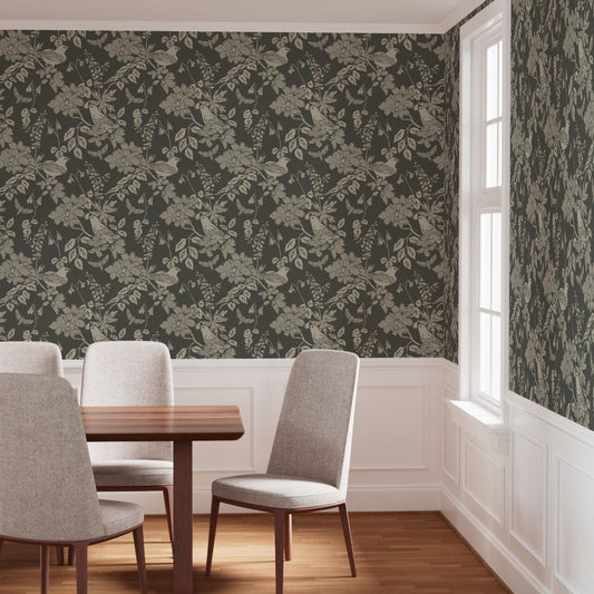 Western Birds and Flowers wallpaper in Old Growth styled in a dining room interior — moody green wallpaper by Pine + Feather Studio