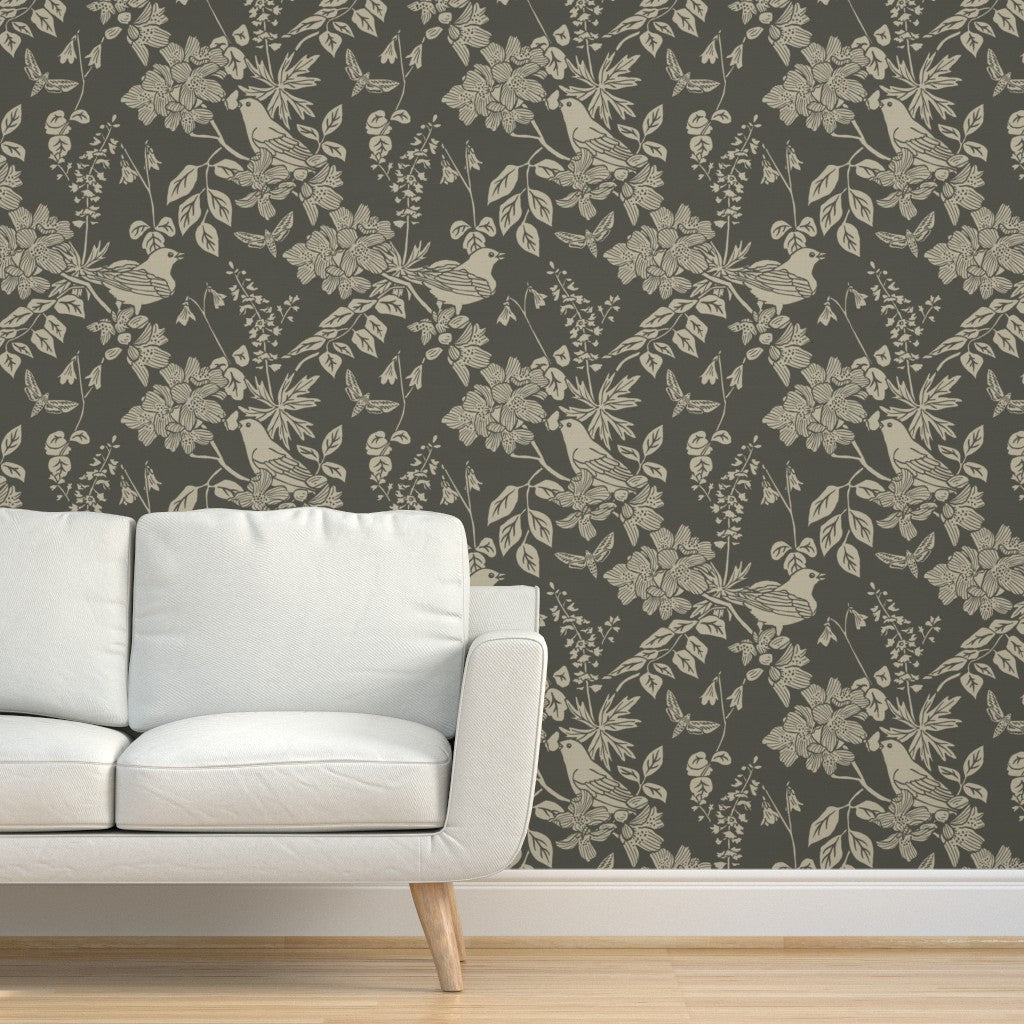 Western Birds and Flowers wallpaper in Old Growth styled in a living room interior — moody green wallpaper by Pine + Feather Studio