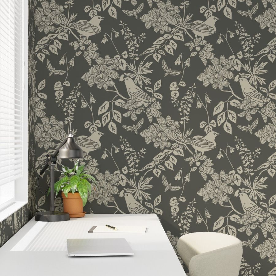 Western Birds and Flowers wallpaper in Old Growth styled in a office study room interior — moody green wallpaper by Pine + Feather Studio