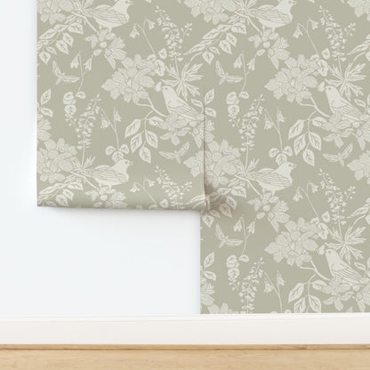 Western Birds and Flowers wallpaper in Pale Rain — creamy white wallpaper by Pine + Feather Studio