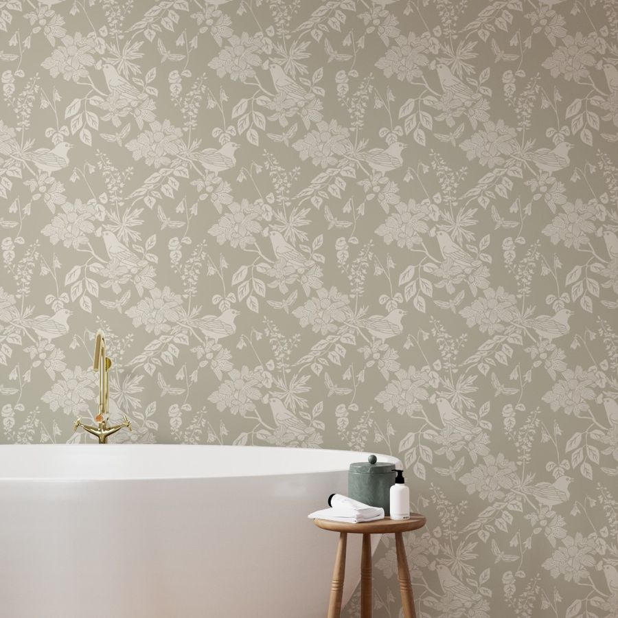Western Birds and Flowers wallpaper in Pale Rain styled in a bathroom interior — creamy white wallpaper by Pine + Feather Studio