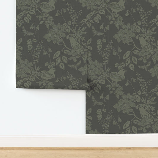 Western Birds and Flowers wallpaper in Pine Shadow — earthy green wallpaper by Pine + Feather Studio