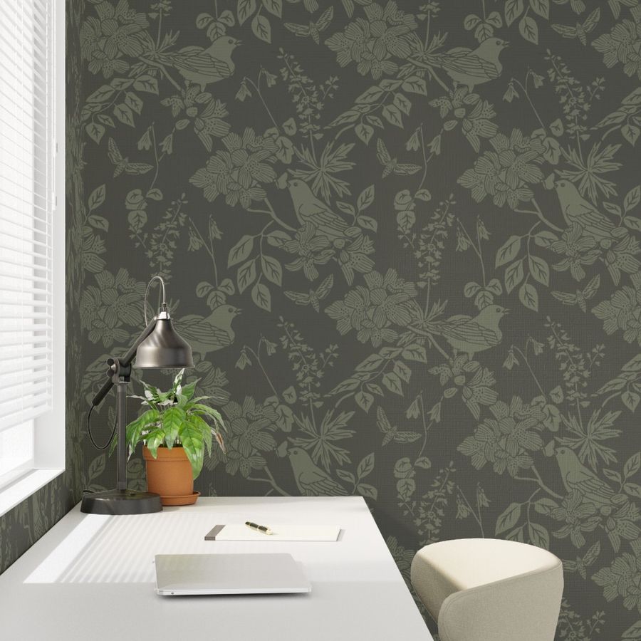 Western Birds and Flowers wallpaper in Pine Shadow styled in a office study room interior — earthy green wallpaper by Pine + Feather Studio