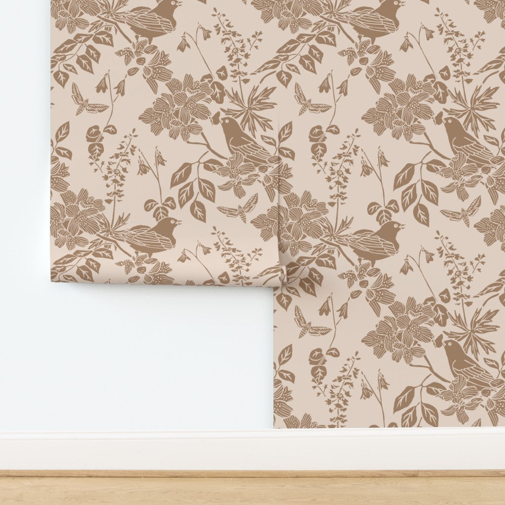 Western Birds and Flowers wallpaper in Prairie Rose — blush pink wallpaper by Pine + Feather Studio