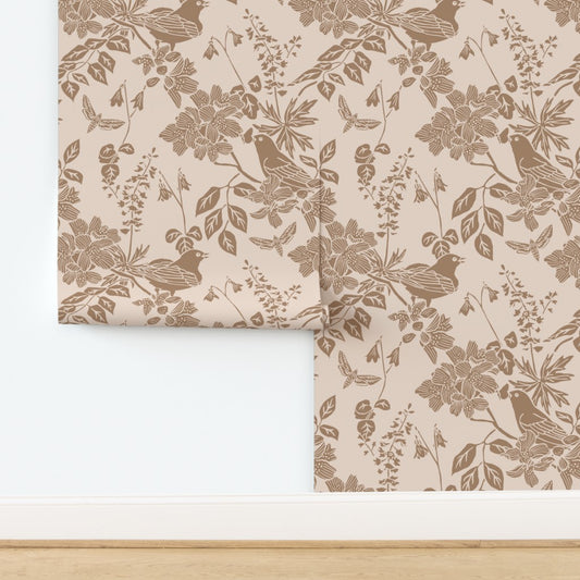 Western Birds and Flowers wallpaper in Prairie Rose — blush pink wallpaper by Pine + Feather Studio