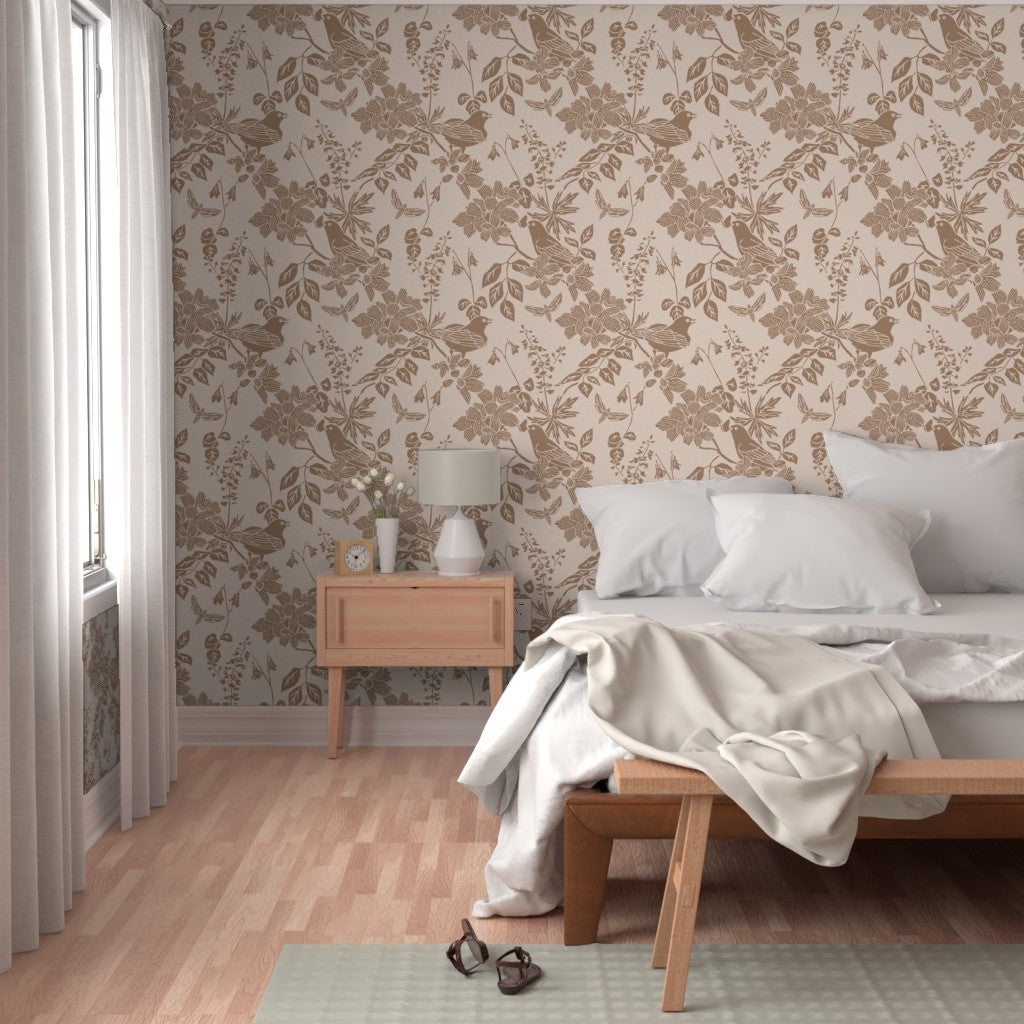 Western Birds and Flowers wallpaper in Prairie Rose styled in a bedroom interior — blush pink wallpaper by Pine + Feather Studio