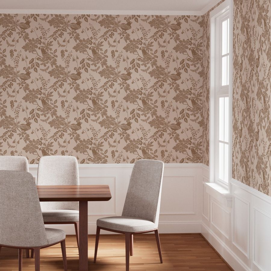 Western Birds and Flowers wallpaper in Prairie Rose styled in a dining room interior — blush pink wallpaper by Pine + Feather Studio