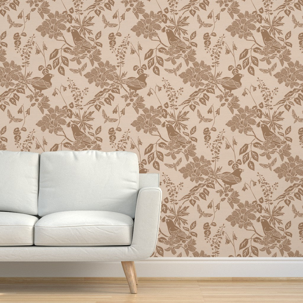 Western Birds and Flowers wallpaper in Prairie Rose styled in a living room interior — blush pink wallpaper by Pine + Feather Studio
