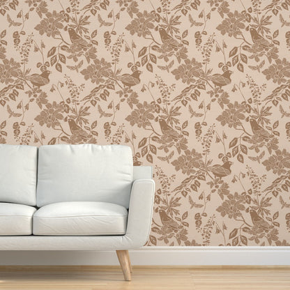 Western Birds and Flowers wallpaper in Prairie Rose styled in a living room interior — blush pink wallpaper by Pine + Feather Studio