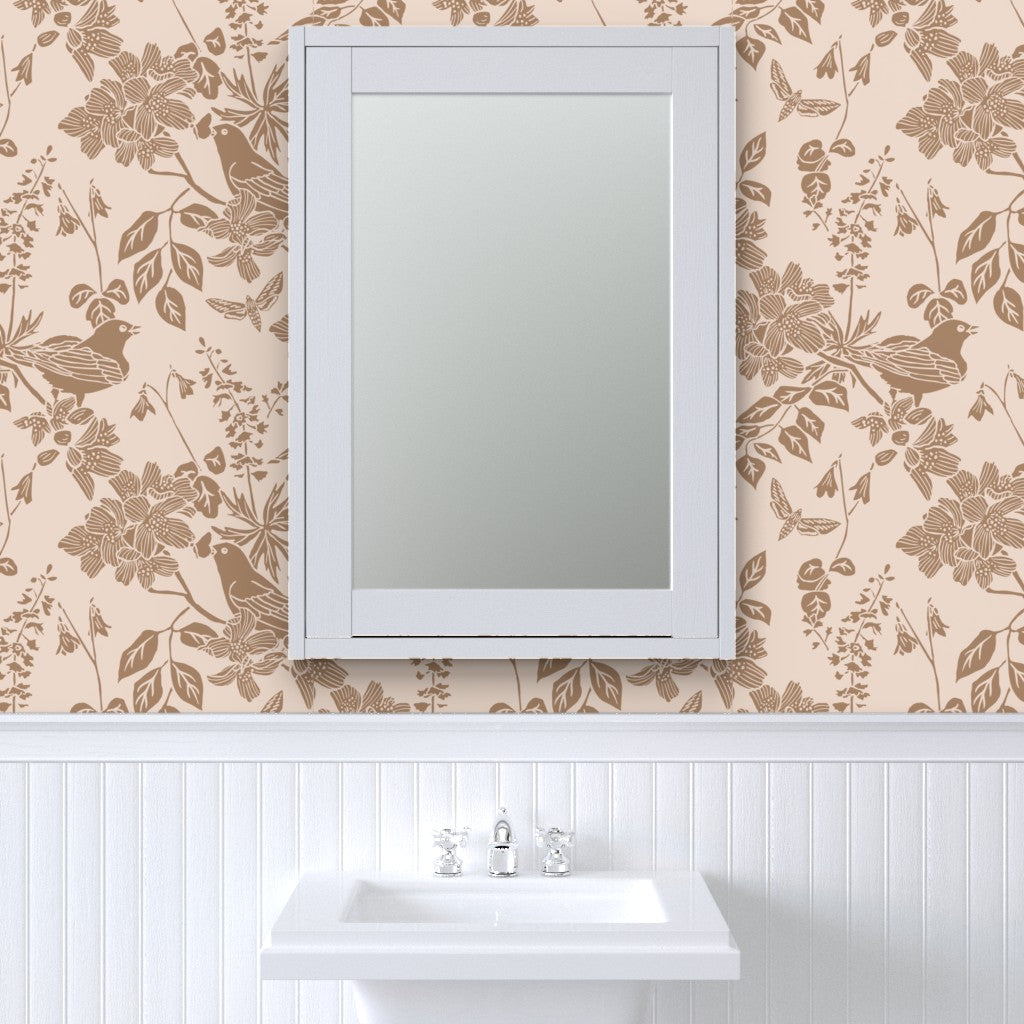 Western Birds and Flowers wallpaper in Prairie Rose styled in a powder room interior — blush pink wallpaper by Pine + Feather Studio