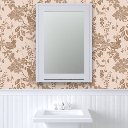 Western Birds and Flowers wallpaper in Prairie Rose styled in a powder room interior — blush pink wallpaper by Pine + Feather Studio