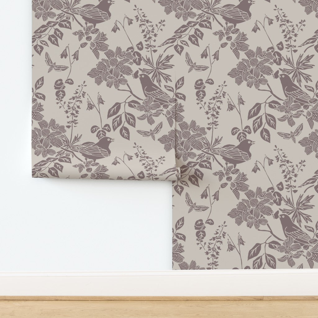 Western Birds and Flowers wallpaper in River Slate — greige wallpaper by Pine + Feather Studio