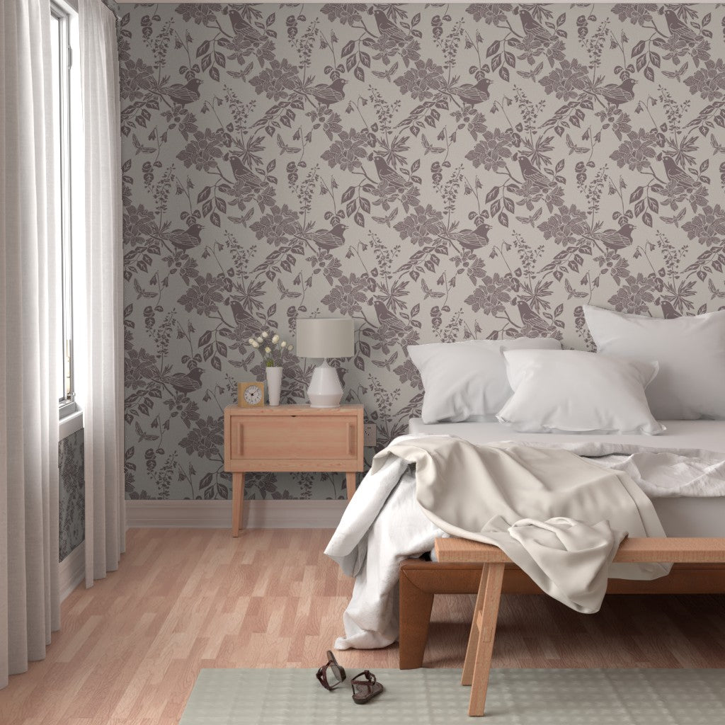 Western Birds and Flowers wallpaper in River Slate styled in a bedroom interior — greige wallpaper by Pine + Feather Studio