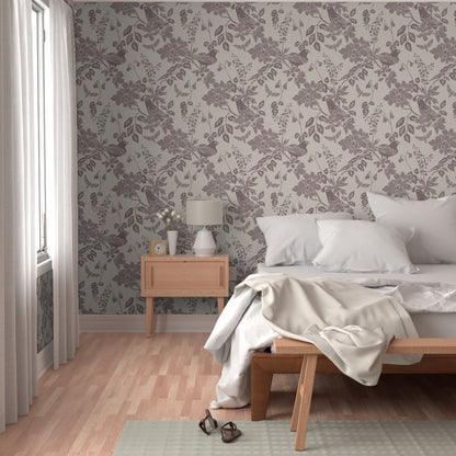 Western Birds and Flowers wallpaper in River Slate styled in a bedroom interior — greige wallpaper by Pine + Feather Studio