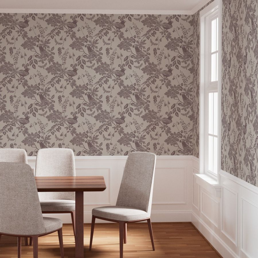 Western Birds and Flowers wallpaper in River Slate styled in a dining room interior — greige wallpaper by Pine + Feather Studio