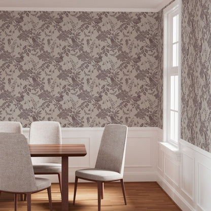 Western Birds and Flowers wallpaper in River Slate styled in a dining room interior — greige wallpaper by Pine + Feather Studio