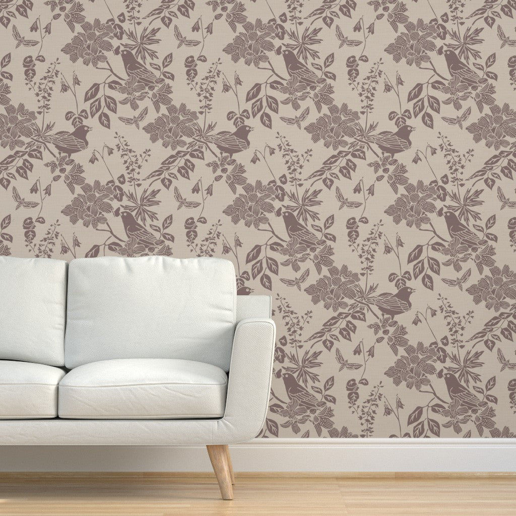 Western Birds and Flowers wallpaper in River Slate styled in a living room interior — greige wallpaper by Pine + Feather Studio