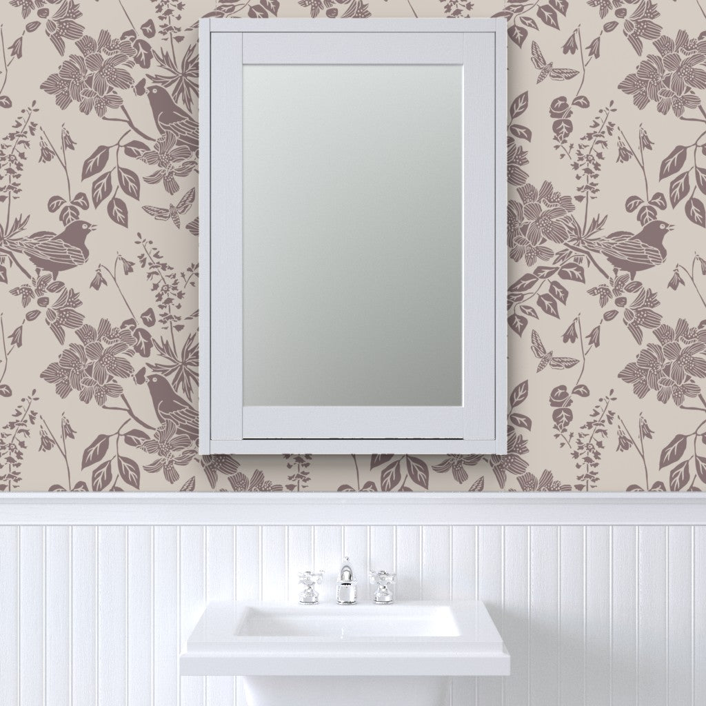 Western Birds and Flowers wallpaper in River Slate styled in a powder room interior — greige wallpaper by Pine + Feather Studio