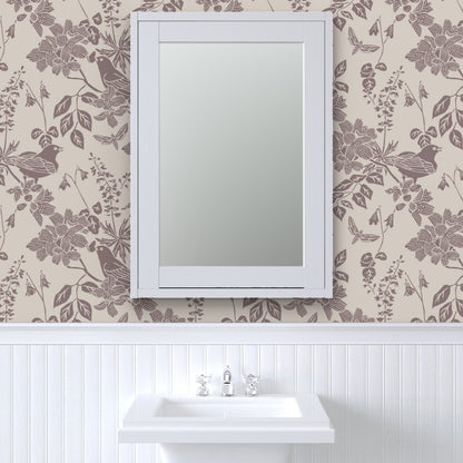 Western Birds and Flowers wallpaper in River Slate styled in a powder room interior — greige wallpaper by Pine + Feather Studio