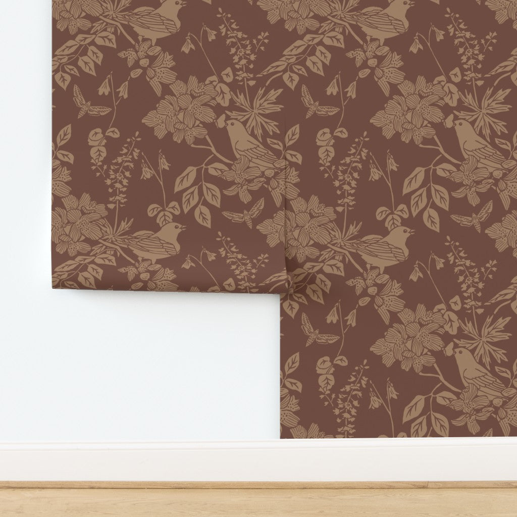 Western Birds and Flowers wallpaper in Saddle — leather brown wallpaper by Pine + Feather Studio