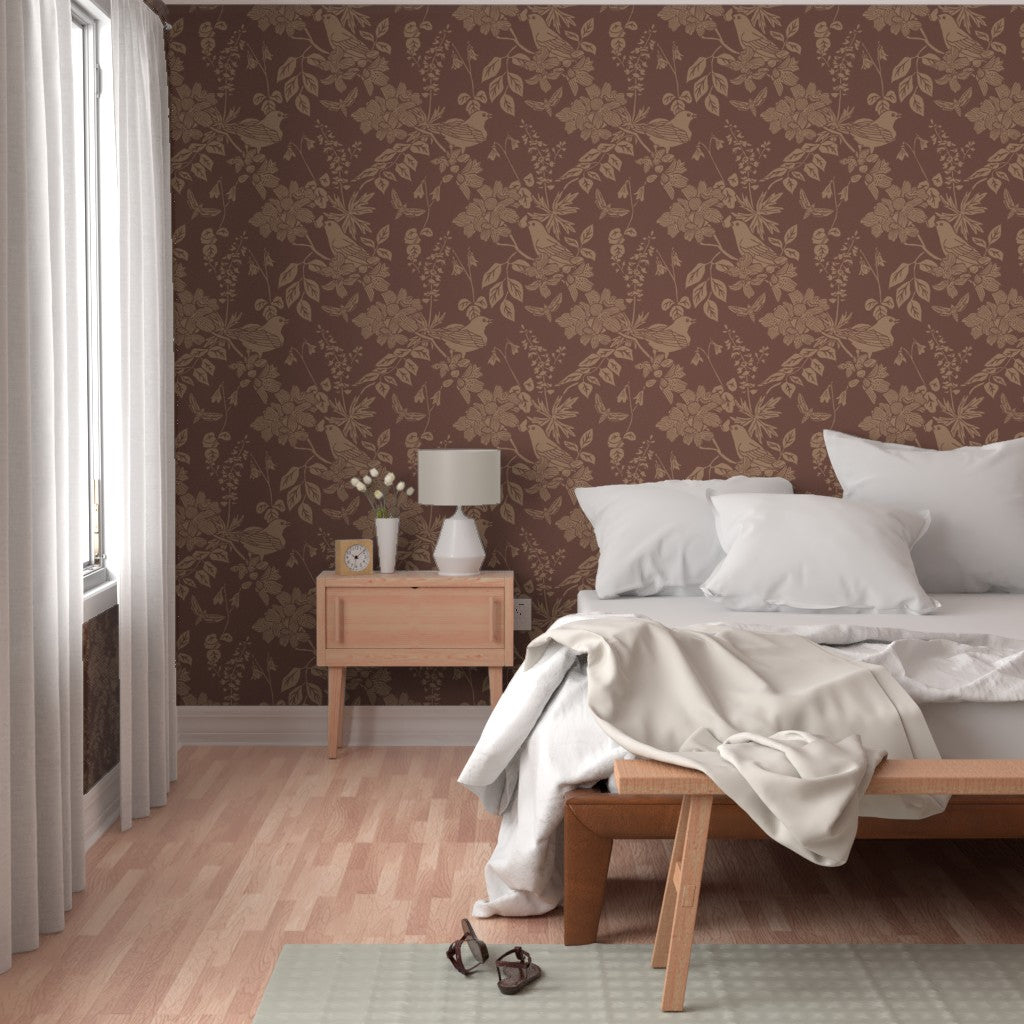 Western Birds and Flowers wallpaper in Saddle styled in a bedroom interior — leather brown wallpaper by Pine + Feather Studio