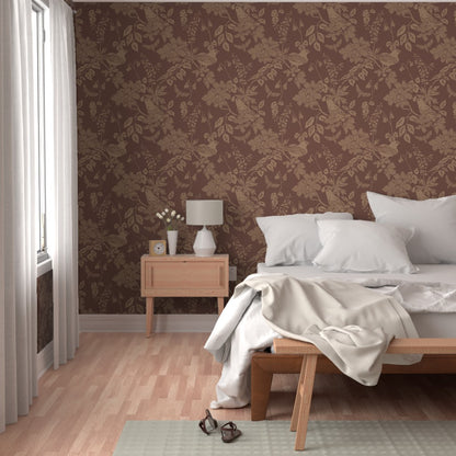 Western Birds and Flowers wallpaper in Saddle styled in a bedroom interior — leather brown wallpaper by Pine + Feather Studio