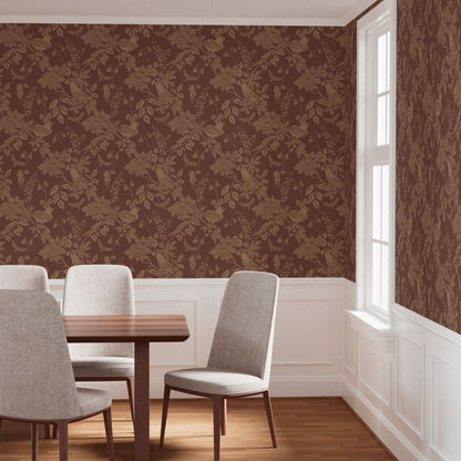 Western Birds and Flowers wallpaper in Saddle styled in a dining room interior — leather brown wallpaper by Pine + Feather Studio
